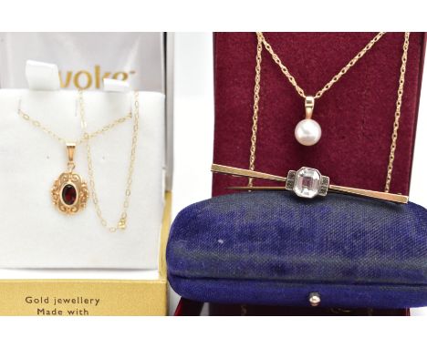 TWO NECKLACES AND A BAR BROOCH, to include a bezel set oval cut garnet in an open work scroll detailed pendant, suspended fro