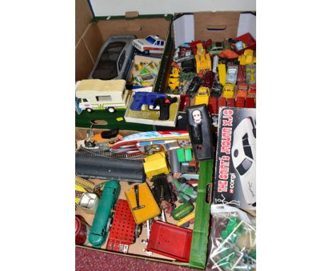 THREE BOXES OF PLAYWORN DIECAST VEHICLES AND OTHER TOYS, to include a sonic controlled Corgi The Saint Jaguar XJS M5310, in o