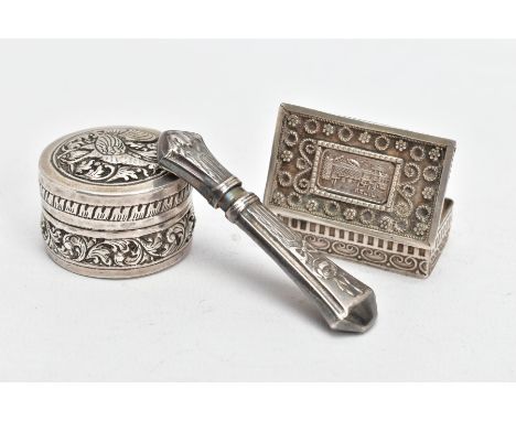 TWO WHITE METAL TRINKETS AND A SNUFF BOX, the first trinket of a circular form, embossed with a chicken and foliate design, s