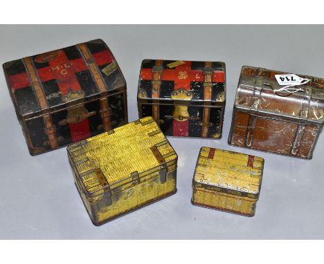FIVE EARLY 20TH CENTURY SWEET AND BISCUIT TINS IN THE FORM OF TRAVEL TRUNKS AND WICKER BASKETS, including a Carr &amp; Co Ltd