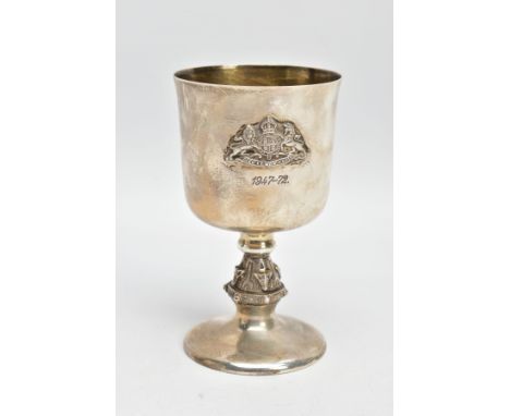 A SILVER GOBLET, plain polished design mounted with a 'DIEU ET MON DROIT' emblem dated 1947-72', animal head detail to the kn