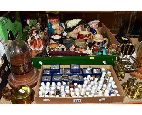 TWO BOXES AND LOOSE CERAMICS, CHARACTER AND TOBY JUGS, THIMBLES AND METALWARES, to include approximately eighty thimbles, mai