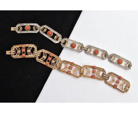 TWO GILT FILIGREE CORAL BRACELETS, the first designed with five rectangular links with cut off corners, filigree detail and s