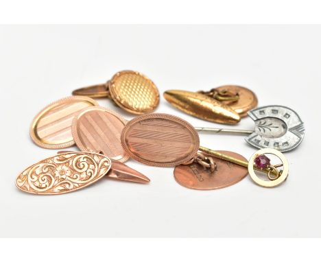 A SELECTION OF CUFFLINKS AND STICK PINS, to include one pair of oval chain linked cufflinks, with an engine turned design, ha