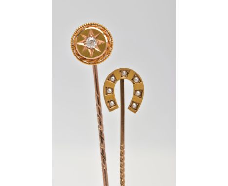 TWO GOLD STICK PINS, one stick pin featuring a horse shoe design set with seven seed pearls, hallmarked 9ct gold Chester, one