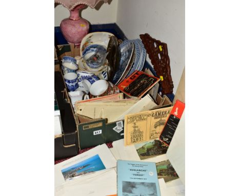 A BOX AND LOOSE CERAMICS, EPHEMERA, LAMP, COINS AND SUNDRY ITEMS, to include paperwork relating to the invention of ball bear