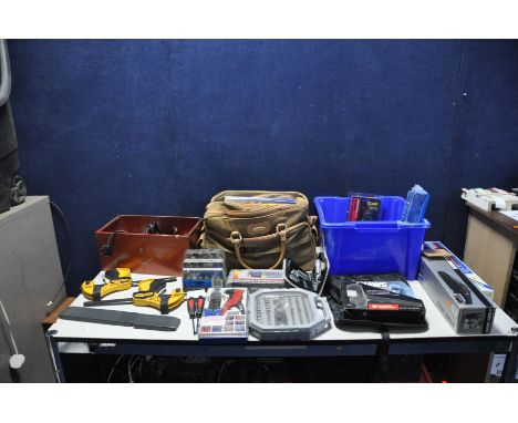 A BAG, A TRAY AND A TOOLBOX CONTAINING HANDTOOLS including two Quick Grip clamps, a set of Nutool 1/4in router bits, a Jaws r