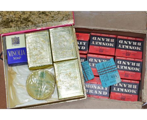 NINETEEN BARS OF VINTAGE MONKEY BRAND SOAP IN A BRANDED BOX, together with box containing a Vinolia Coronation medal soap bar