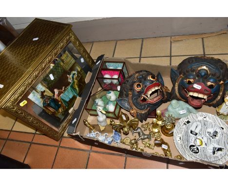 A BOX OF BRASS ORNAMENTS, A SMALL QUANTITY OF RIDGWAY HOMEMAKER SAUCERS AND A PLATE, ORIENTAL SOUVENIR ITEMS, A MIRRORED BRAS