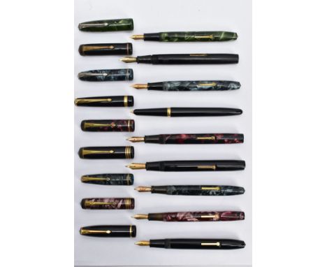 NINE VINTAGE FOUNTAIN PENS BY CONWAY STEWART comprising of a black and gold No15, a black and gold Conway 106, a black and go