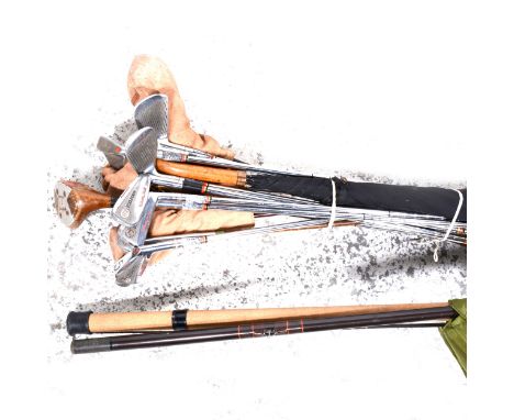 Carbon fibre 3-piece Olympic coarse fishing rod; Wilson Staff golf clubs, and others, a golf bag and a shooting stick.