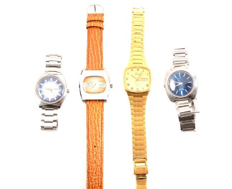 Four gentleman's wrist watches - Limit International automatic gold-plated bracelet watch 20cm long with un-lined brown Limit