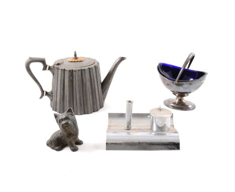 A brass jam pan, steel strap handle, width 35cm; cast iron balance scales; spring scales, and other metalware. (5 boxes)