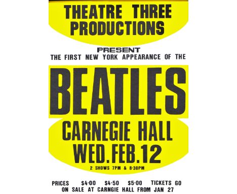 The Beatles; reproduction poster 'Carnegie Hall Wed.Feb. 12, framed and glazed, 75.cm by 49.cm.