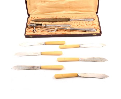 A set of twelve silver fish knives and forks by Mappin &amp; Webb Ltd, Sheffield 1925, plus a cased French silver-handled thr