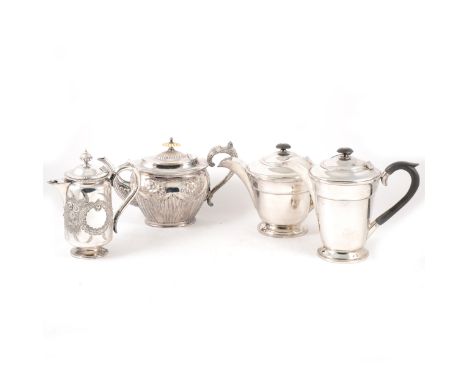 A silver-plated tea and coffee pots by Walker &amp; Hall in the art deco style, a Victorian style teapot and sugar basin, lid