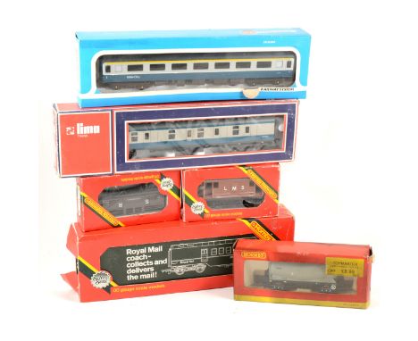 Large quantity of OO gauge railway wagons, coaches and accessories, makers including Hornby, Lima, Airfix etc, in two boxes.