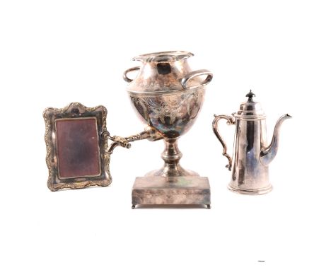 A collection of ceramics and plated wares, to include a tea urn, twin-handled with engraved floral decoration on round pedest