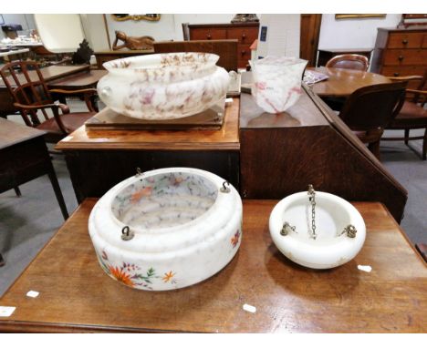 Four vintage glass light shades, two large plafonnier ceiling shades, one smaller over painted shade and another pink and whi
