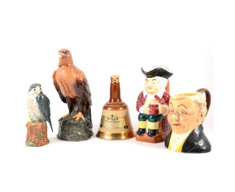Royal Doulton Scotch Whisky Golden Eagle decanter, two Wade Bells Scotch Whisky decanters, other flasks, collection of Englis