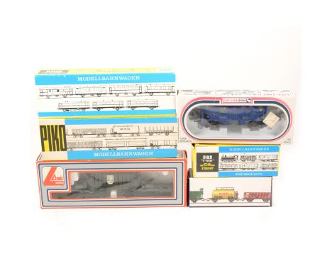 HO gauge model railway rolling stock, including; wagons, cranes wagons, petrol tankers etc, by Piko, Lima and Kleinbahn, all 
