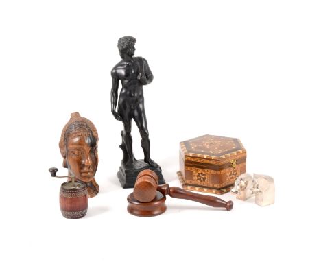 An African ebonised figure, of a kneeling woman, 40cm; teak wood ethnic carving; two vintage coffee-grinders; metalware, etc.