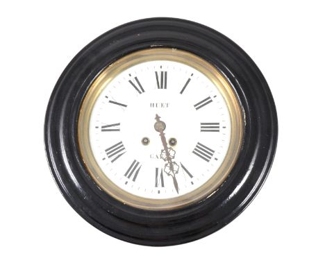 French wall-clock, circular enamelled dial, signed Huet, Caen, ebonised surround, diameter 39cm.