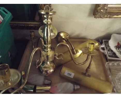 A Three Branch Brass Ceiling Light Fitting and Two Picture Lights 