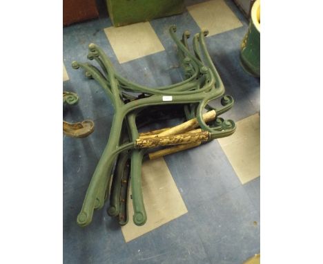 Six Matching Cast Iron and Wooden Handle Bench Ends