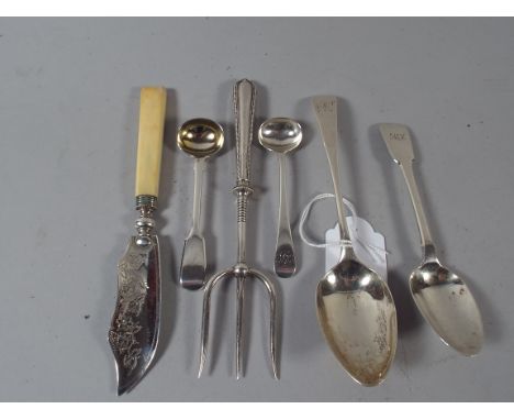 Two Silver Salt Spoons, Two Silver Spoons, Silver Handled Fork and Silver Butter Knife 