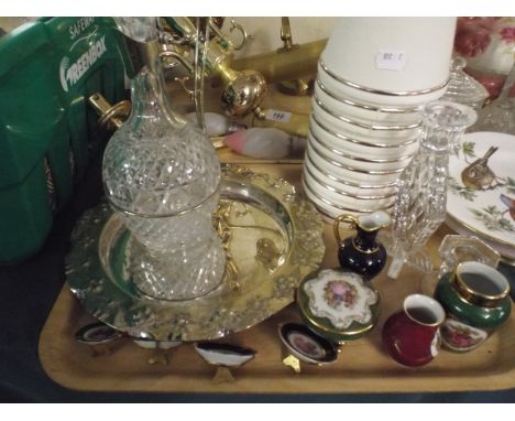A Tray of Sundries to Include Limoges Miniature China items, Plated Tray, Lamp Shades, Glass Ware 