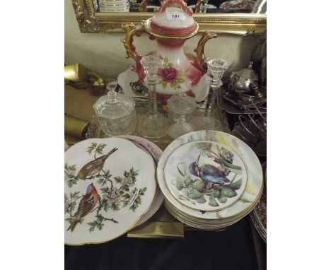 A Tray containing Decorated Bird Plates, Floral Tea Pot, Hunting Trays and Glass Dressing Table Set 