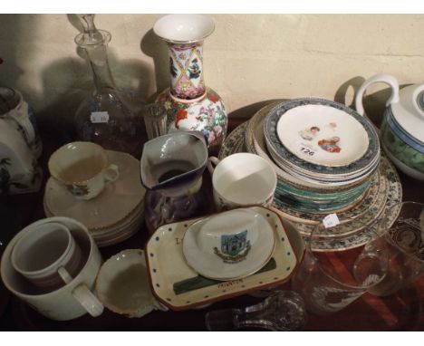 A Tray Containing Commemorative Mugs and Glass Ware, Oriental Vase etc