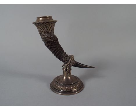 A Silver Mounted Candle Stick by Elkington & Co Formed From A Small Horn