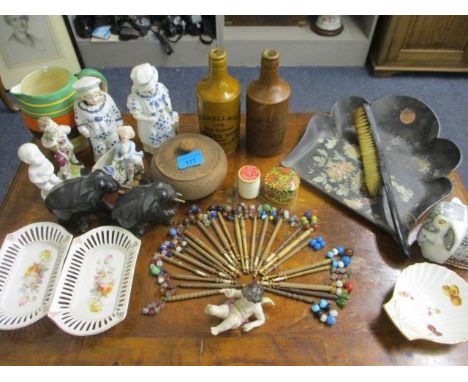 Vintage beaded bobbins, a Japanned crumb tray and brush, vintage stone bottles, ceramic figures and mixed china 