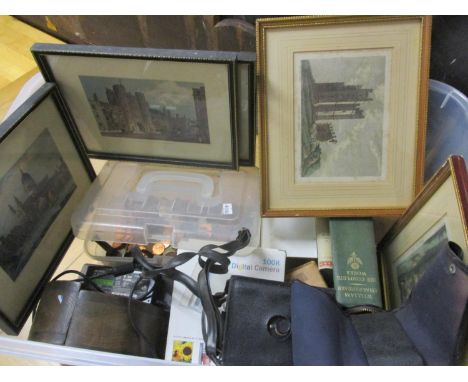 A mixed lot to include framed coloured etchings, a spirit level, a camera, coins and other items 