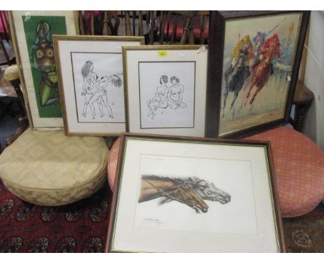 A pair of H M Moore nudes, a signed oil on canvas of a horse race, a Leomanchy print of two horse heads and an abstract pictu
