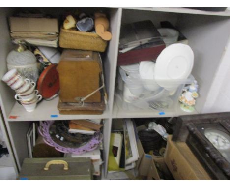 A large mixed lot to include a Worcester figure, a Victorian wall clock, dolls, costume jewellery, a mirror and other items 