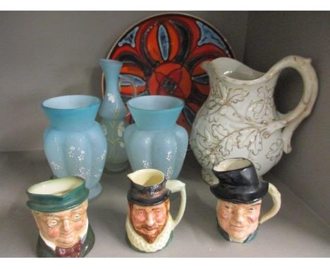 A Poole Delphis shallow bowl, together with character jugs and Victorian painted glass items 