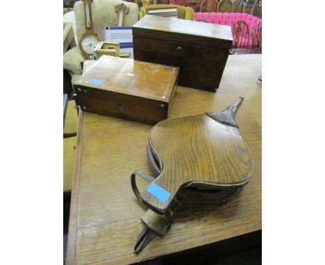 A 19th century walnut tea caddy, a Coromandel box with inset mother of pearl inlay and pewter stringing and oak fire bellows 