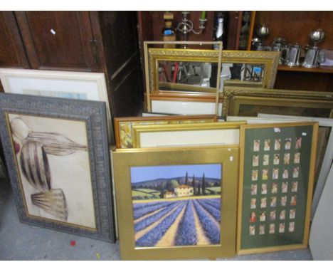 Mixed pictures to include D G Hinde - oil painting depicting a seascape, together with cigarette cards and mirrors 