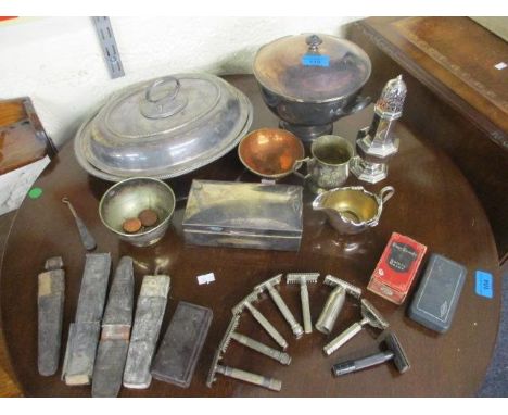 A silver plated cigarette box, vintage razors and mixed silver plate 