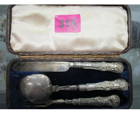 A Victorian leather cased, silver three piece christening set, comprising a knife, a fork and spoon, Birmingham 1849 