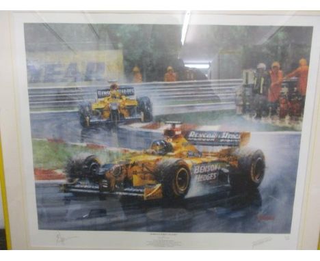 A limited edition print entitled Jordons First Victory, numbered 4401/850, signed by Juan Carlos Ferrigno, 22" x 18", framed 