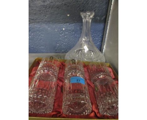 A set of six Whitefriars Pinner cut pattern ship's whisky decanter and stopper A/F, matching tumblers, five with original pap