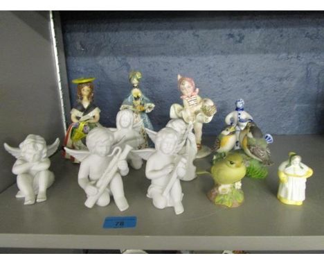 A selection of figures and animal models to include five Rosenthial cherubs playing musical instruments, An Aynsley Greenfinc