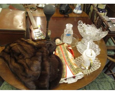Three decanters, mixed glass, two silver plated decanter labels, a doll in national costume and a Royal Stafford Persian Tree