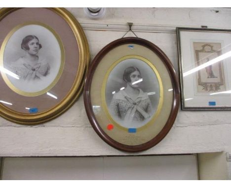 Two oval framed photographs of an early 19th century lady and a print 