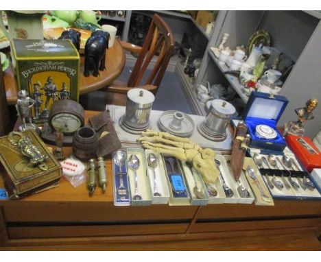 A vintage Rototherm thermometer, a vintage desk tidy, collectors spoons, a Buckingham pewter figure of a soldier and another,