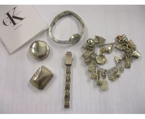 Jewellery and collectibles to include a silver charm bracelet, a Calvin Klein wristwatch, a Rotary wristwatch, a silver pill 